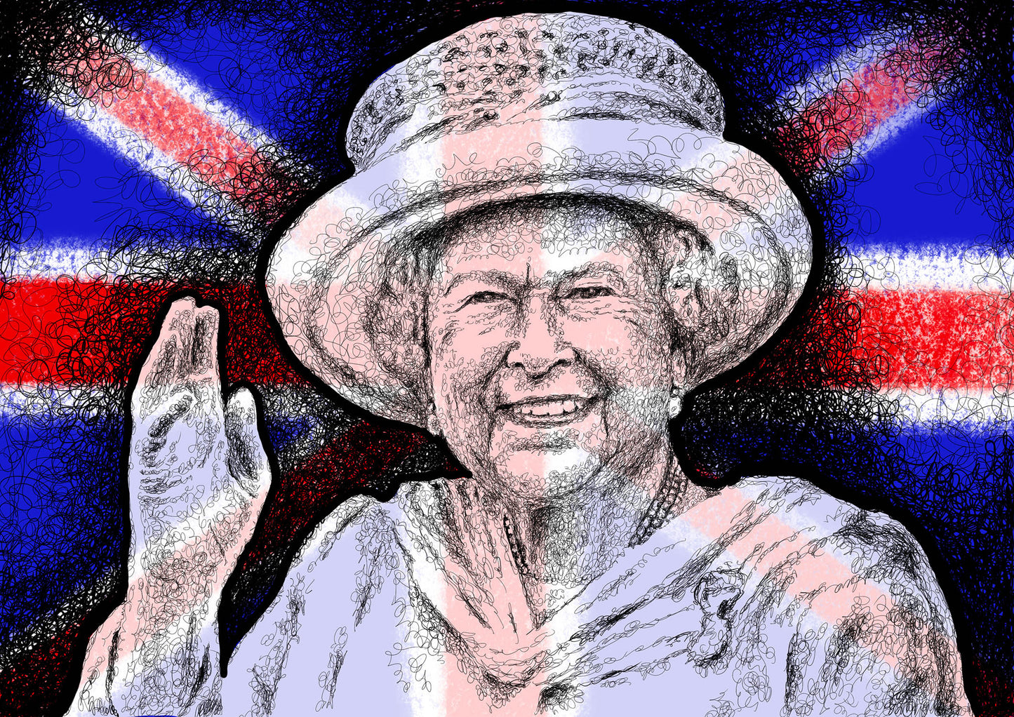 Queen Elizabeth II art print unframed, Union Jack poster, Queen of England, Line art, squiggly line art, abstract line art