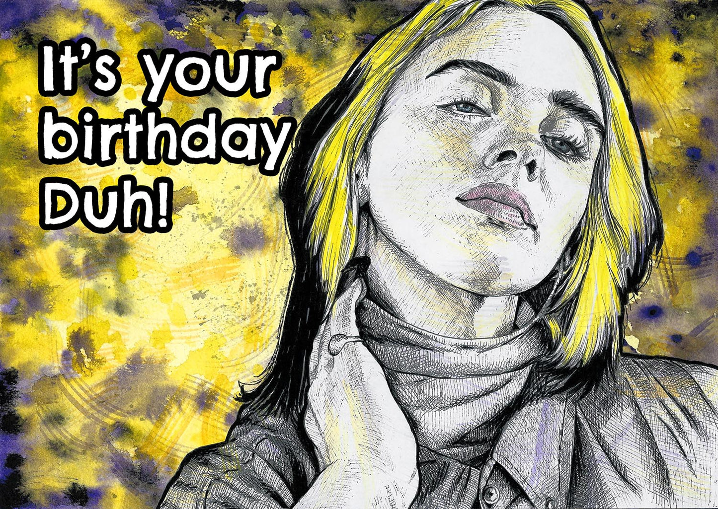 Billie Eilish birthday card, greeting card for pop music fans, music birthday gift, music birthday card