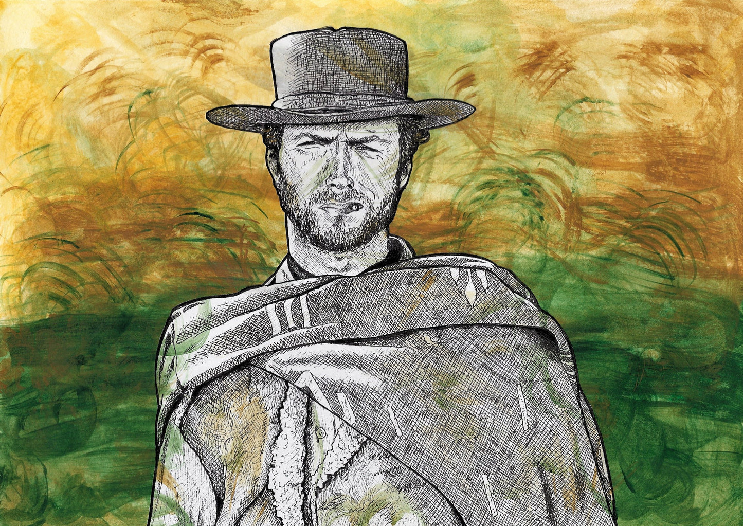Clint Eastwood acrylic and ink portrait unframed, Spaghetti Western Wall Art, original artwork, The Man with No Name, Clint Eastwood picture