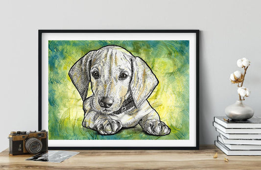 Dachshund puppy watercolour and ink painting unframed, cute puppy picture, dog wall decor, dog lover gift, dog painting, sausage dog picture