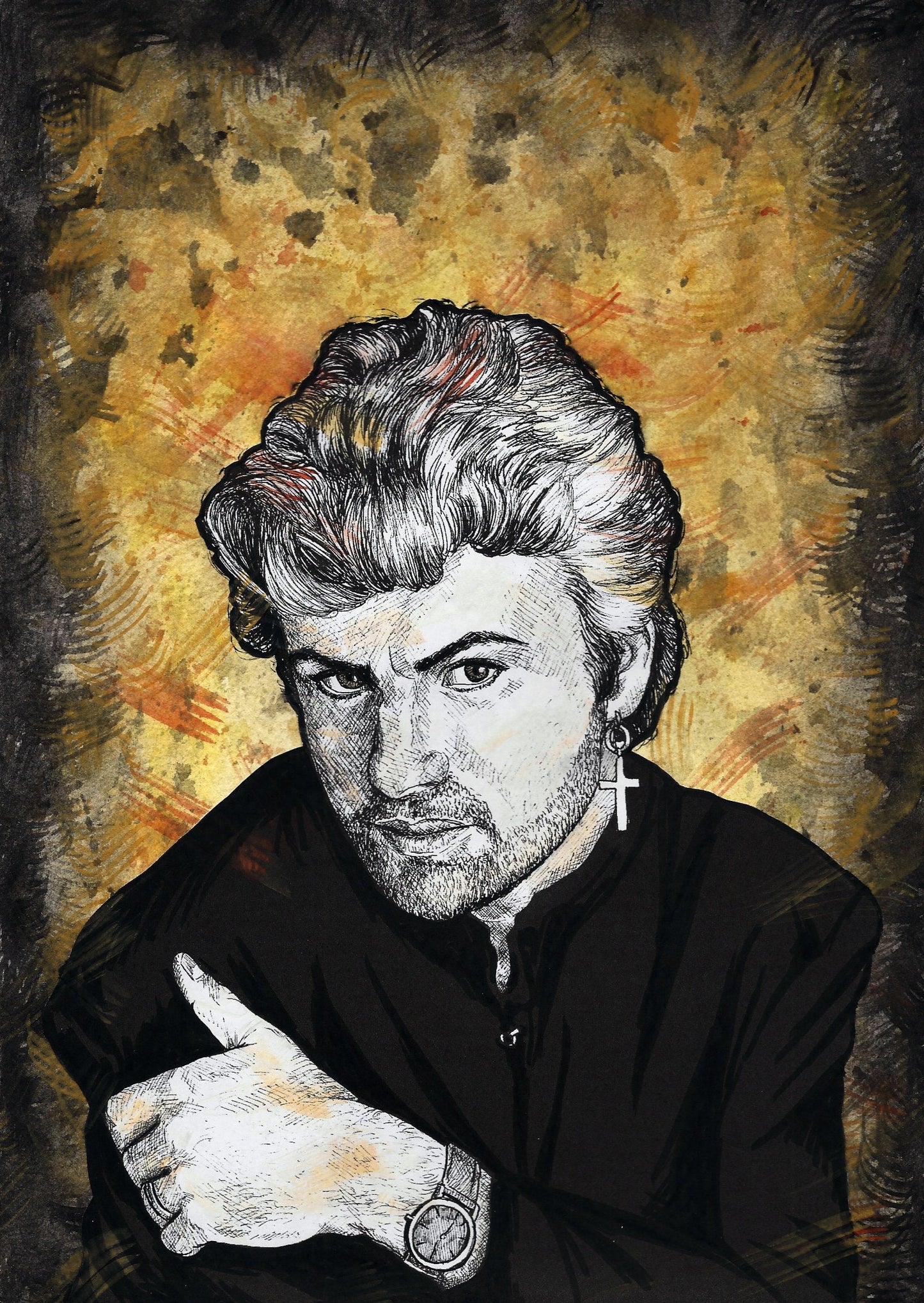 George Michael watercolour and ink portrait unframed, Wham picture, original painting, 80s pop music wall decor, celebrity portrait