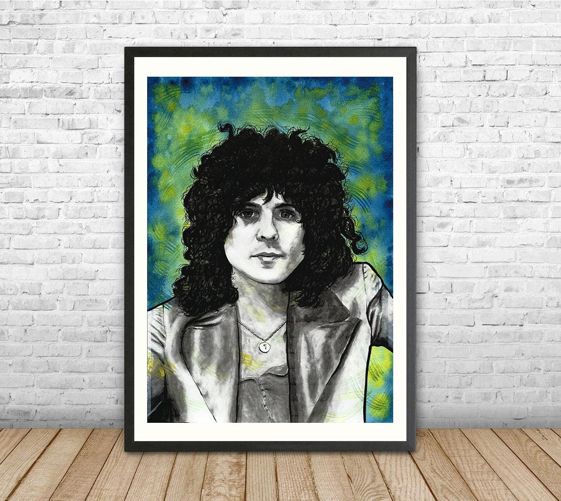 Marc Bolan of T. Rex watercolour and ink painting unframed, glam rock wall art, music fan gift, original watercolour, celebrity portrait