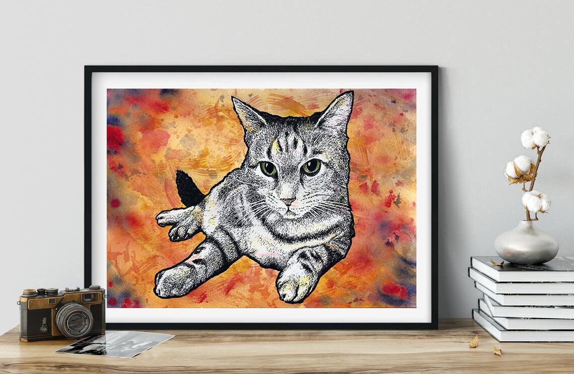 Tabby cat watercolour and ink painting unframed, pet portrait, cat painting, cats wall decor, cat picture for your wall, cat lover gift