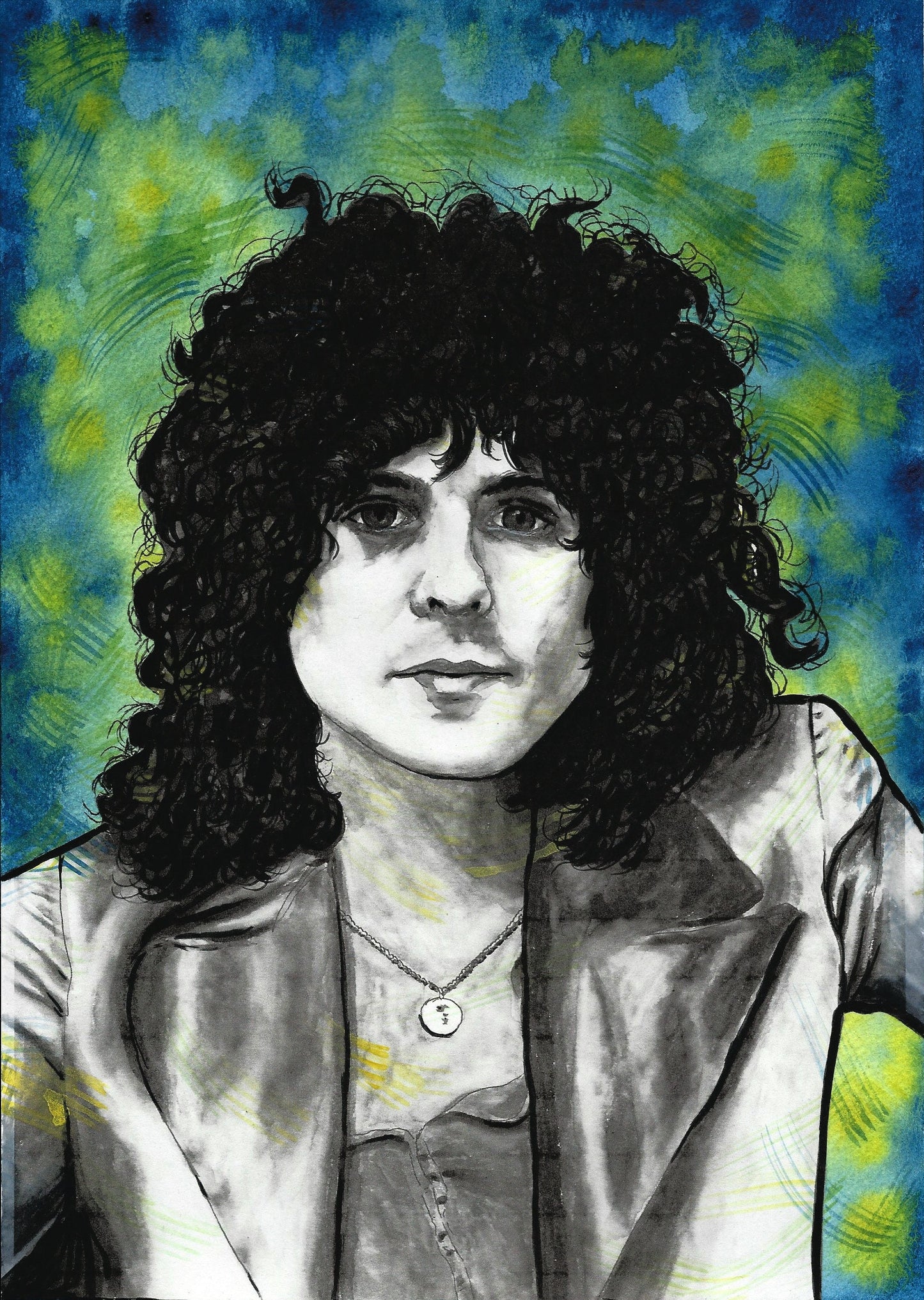 Marc Bolan of T. Rex watercolour and ink painting unframed, glam rock wall art, music fan gift, original watercolour, celebrity portrait