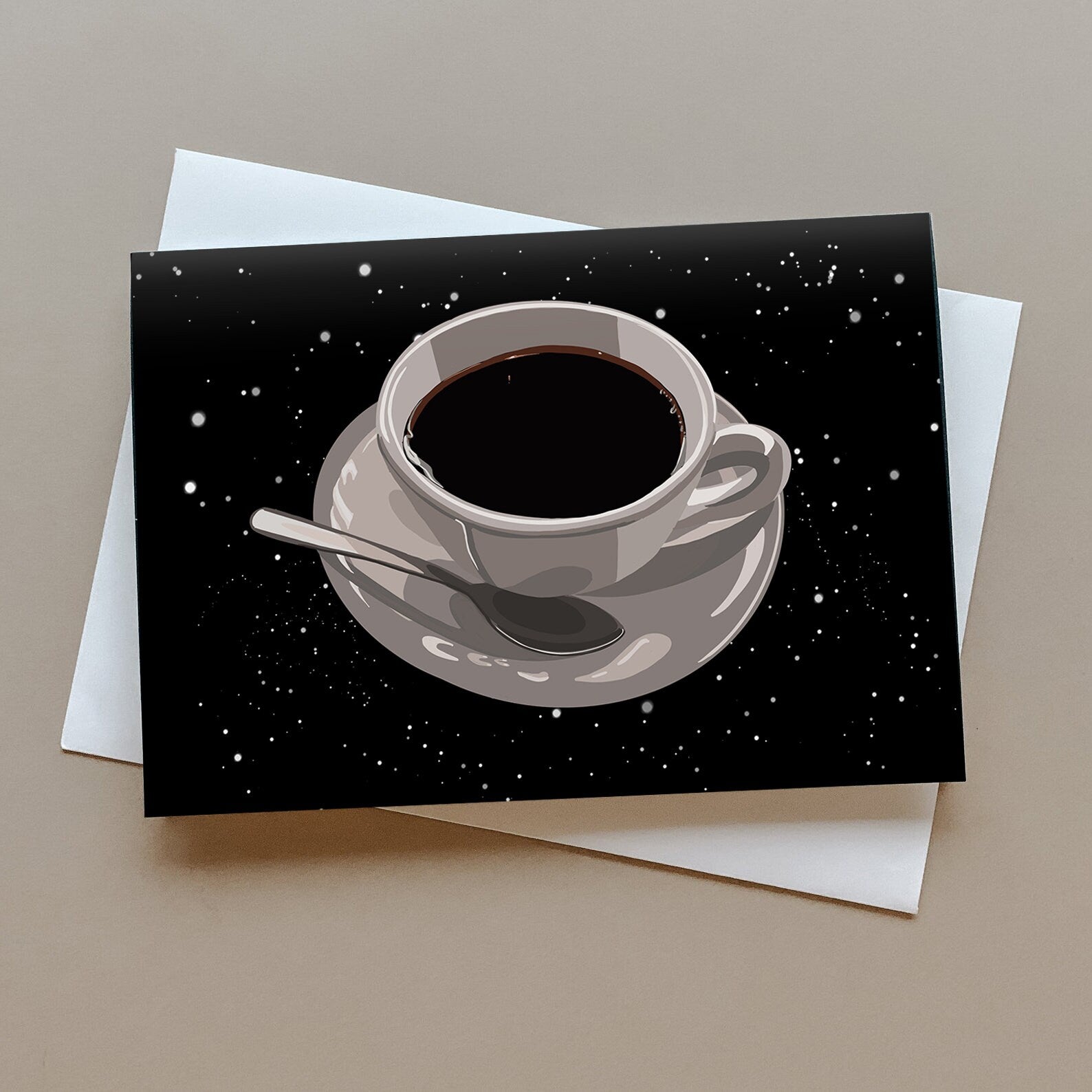 Coffee Flying Saucer in outer space greeting card, Card for coffee lovers, Funny card, UFO card, Outer Space, Caffeine card, quirky card