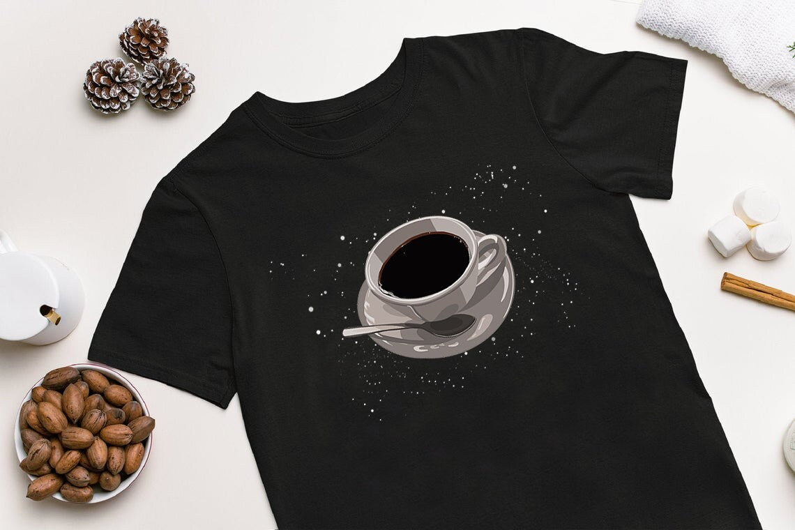 Coffee flying saucer in outer space T-Shirt, fun t-shirt, funny gift, sci fi tshirt, UFO tshirt, gift for sci fi fans, coffee birthday gift