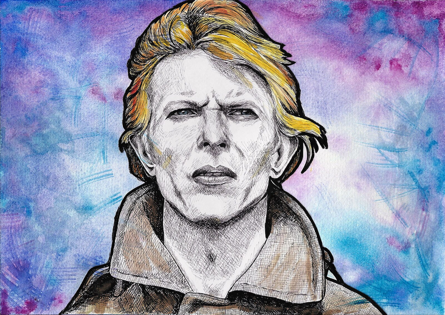 David Bowie watercolour and ink portrait, unframed, The Man Who Fell To Earth, David Bowie painting, gift for Bowie fan, original artwork