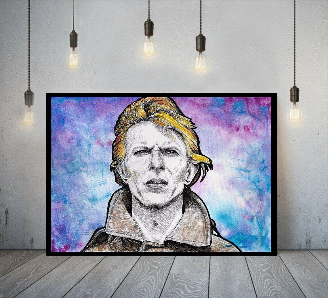 David Bowie watercolour and ink portrait, unframed, The Man Who Fell To Earth, David Bowie painting, gift for Bowie fan, original artwork
