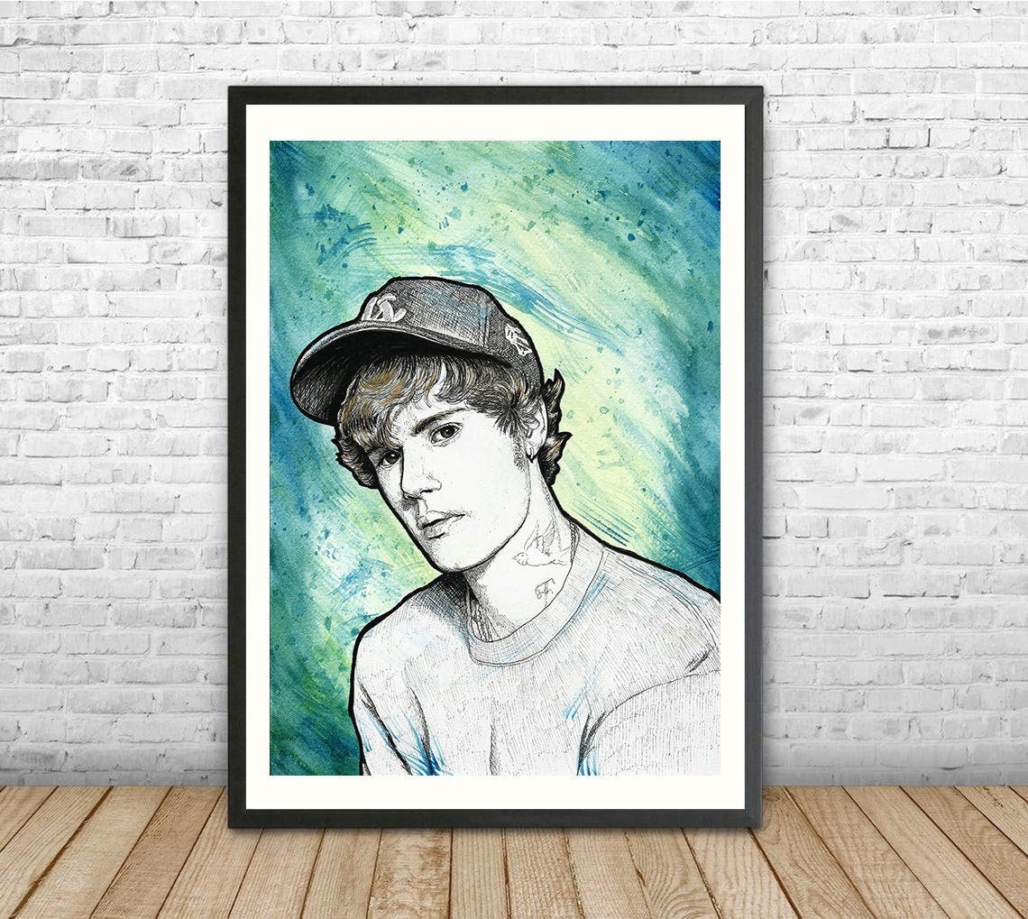 Justin Bieber watercolour and ink painting unframed, Justin Bieber wall art, original artwork, Bieber fan gift, celebrity portrait