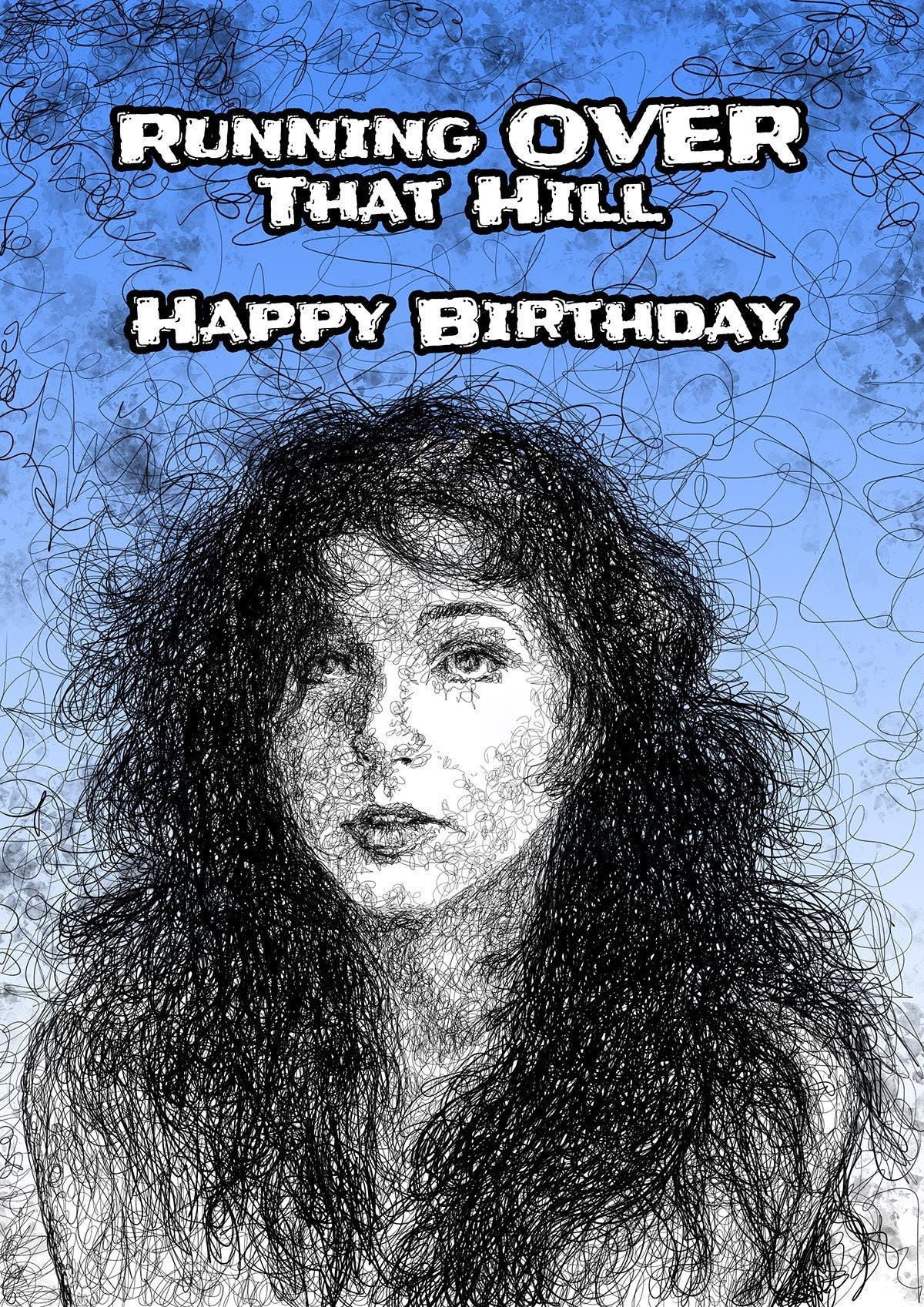 Kate Bush birthday card, greeting card for new wave music fans, music birthday gift, Running up that hill, over the hill, 80s music card