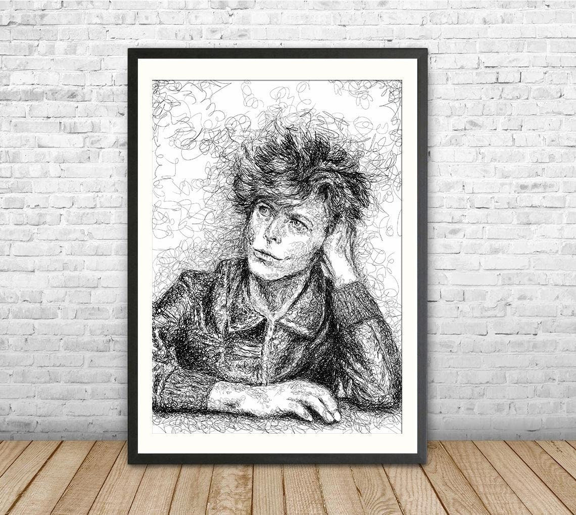 David Bowie art print unframed, David Bowie Poster, Bowie Wall Art, Bowie fan gift, Line art, squiggly line art, abstract line art