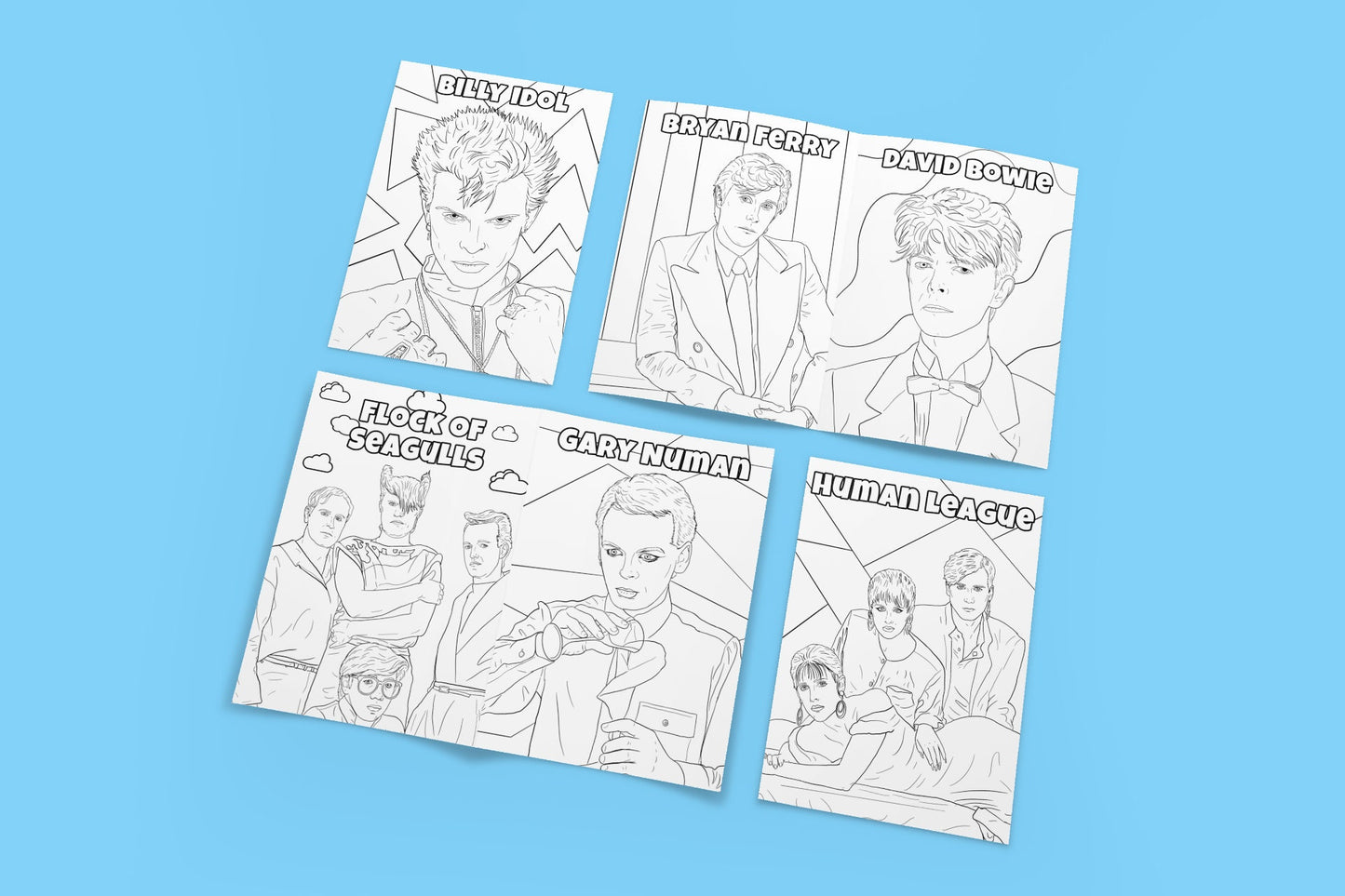 New wave colouring postcards, set of 10, music postcard, gift for new wave music fans, David Bowie, Bryan Ferry, Gary Numan, Devo, and more