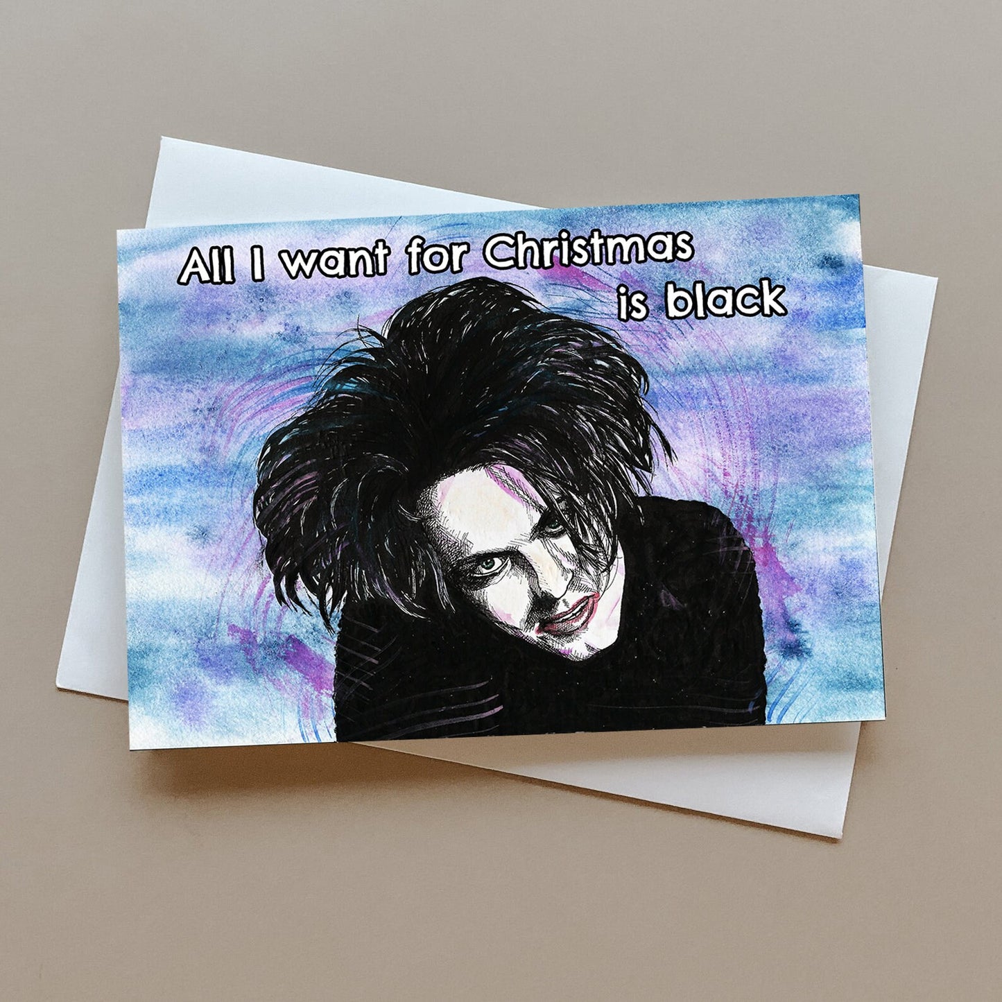 Robert Smith inspired Christmas card, gift for Cure fan, greeting card for goth music fans, music Christmas gift, new wave Christmas card